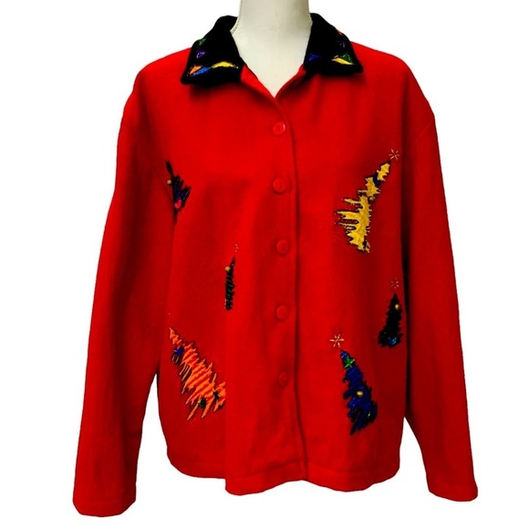 Holiday Take Two Vintage Christmas Jacket Boxy Red Embellished 80’s  Large - Picture 11 of 16